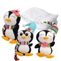 Three plush penguins with festive hats and scarves in a white drawstring gift bag - Three Penguins Set