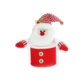 Knitted Santa Claus bottle cover with red plush textures and festive golden bell detail - Santa Claus