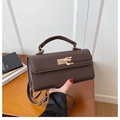 Détail d'un sac à main marron foncé avec fermoir doré et texture cuir de litchi - Marron
