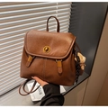 Retro brown faux leather backpack for women with bear pendant and gold lock - Brown with Pendant