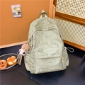 Detail view of large olive green backpack with lightning patterns and plush bear pendant - Green with Pendant