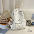 Weißer Canvas-Rucksack mit grauem Schmetterlingsdruck und süßem Plüschbären-Anhänger - Mit Anhänger / Weiß