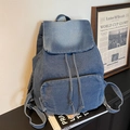 Vintage blauwe denim rugzak met trekkoordsluiting en grote ritszak aan voorzijde - Donkerblauw