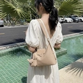 Minimalist beige hobo shoulder bag for women with wide strap and matching mini pouch charm - Khaki
