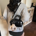 Glossy black handbag with belt decor, adjustable strap and beige plush bunny charm - Black (with Pendant)
