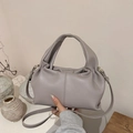 Morandi grey cloud-shaped pleated handbag with soft PU leather and gold hardware - Gray