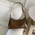 Minimalist brown oil wax leather underarm bag with vertical stitching and silver buckle - Brown