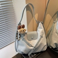 Light blue PU leather shoulder bag featuring a cute teddy bear charm and pearl detail - Blue with Charm
