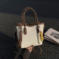 Minimalist beige bucket bag with brown trim and decorative beads on asphalt ground - White
