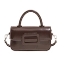 Dark brown high-gloss rectangle crossbody bag with large square buckle and silver hardware - Brown / With Pendant