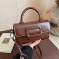 Brown polished leather crossbody bag with square buckle and adjustable shoulder strap - With Pendant / Brown