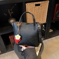 Black lychee leather bucket bag with cute charms and adjustable shoulder strap - Black with Pendant