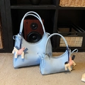 Ensemble sac à main en similicuir bleu clair avec nœud papillon et pendentif cheval - Bleu Grand avec Pendentif