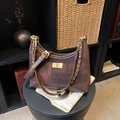 Bolso retro a cuadros marrones con cadena dorada y detalles de patchwork en cuero - Marrón