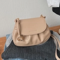 Beige pleated crossbody bag with gold ring hardware and logo print on soft leather - Khaki