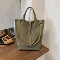 Olive green large capacity canvas bucket bag with vintage metal buckle strap and top handles - Green