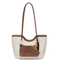 Vintage style contrast color tote bag in beige and brown with elegant beaded keychain - White