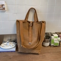 Brown canvas tote bag with vintage buckle straps and large capacity for daily use - Brown