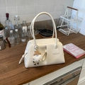 Chic beige underarm bag with a long handle and a cute gnome plush charm for women - With Charm / White