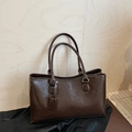 Deep brown oil wax leather square tote bag with long shoulder straps for daily commute - Brown