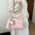 Pink shoulder bag with fuzzy lamb pendant and beaded chain accessory for women - With Charm / Pink
