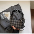 Grey plaid pleated handbag with cartoon embroidery and silver metal chain strap - Black