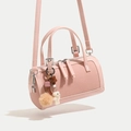 Pink mini Boston bag in mixed leather and weave with cute plush bear and star charm - Pink