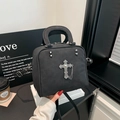 Dark grey matte leather tote bag with gothic metal cross and chain crossbody strap - Black