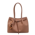 Brown large capacity tote bag with wooden bead tassel and front strap detail - With Pendant / Brown