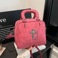 Magenta vintage handbag with silver gothic cross charm and adjustable shoulder strap - Red