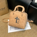 Retro khaki crossbody square bag featuring a gothic metal cross pendant and chain - Khaki