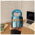 Detail of chrome blue cylindrical clutch bag with gold push-lock and metal chain - Electroplated Blue