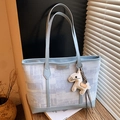 Chic light blue tote bag with abstract art print and cute polka dot horse charm - With Pendant / Blue