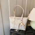 Minimalist beige canvas and leather tote bag with pony charm and shoulder straps - With Pendant / Off White