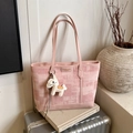 Pink printed canvas tote bag with leather trim and decorative plush horse charm - With Pendant / Pink