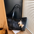Dark blue denim patchwork tote bag with black leather handles and white horse charm - With Pendant / Black
