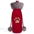 Red velvet wine bottle cover with grey faux fur collar and golden paw embroidery - Footprint
