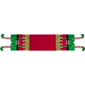 Christmas elf legs table runner in red and green fabric with belt buckle accents - 180cm