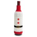 Knitted Santa-style Christmas wine bottle cover with red buttons and black belt detail - Red and White Santa Style