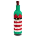 Christmas elf style knitted wine bottle cover with red green stripes and tiny bells - Red and Green Elf Style with Bells