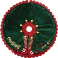 Detail of green velvet Christmas tree skirt with elf legs embroidery and gold text - Dark Green Elf Legs Style