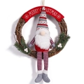 Christmas wreath with long-legged gnome, pine needles and white berries on rattan base - Red and White Striped