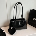 Retro black faux leather large tote bag with heart-shaped charm and slim shoulder strap - Black