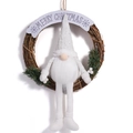 Christmas wreath with a white gnome, rattan ring, and Merry Christmas sign - White