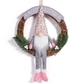 Pink sequin gnome Christmas wreath with natural rattan base and Merry Christmas sign - Pink