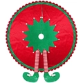 Festive elf themed Christmas tree skirt with red and green velvet and striped stockings - Elf Theme Contrast Style