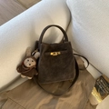 Dark brown matte bucket bag with golden lock and cute plush rabbit keychain - Brown (With Pendant)