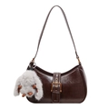 Retro dark brown hobo shoulder bag with gold buckle and cute grey bunny plush charm - 25*7*13cm / With Pendant / Brown