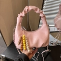 Pink pleated moon bag with cloud-like handle and colorful wooden beads charm - Pink