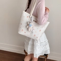 Cute cartoon print tote bag in white with plush bear charm and long leather straps - With Charm / Off White